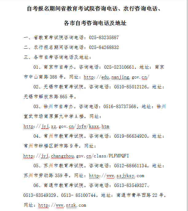 自考报名期间省教育考试院咨询电话、农行咨询电话、 各市自考咨询电话及地址