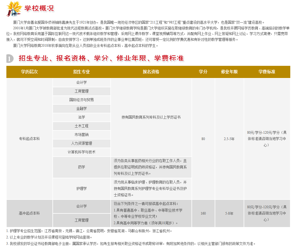 厦门大学网络教育2018年秋季招生简章