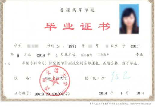 网络教育专科毕业证书样式